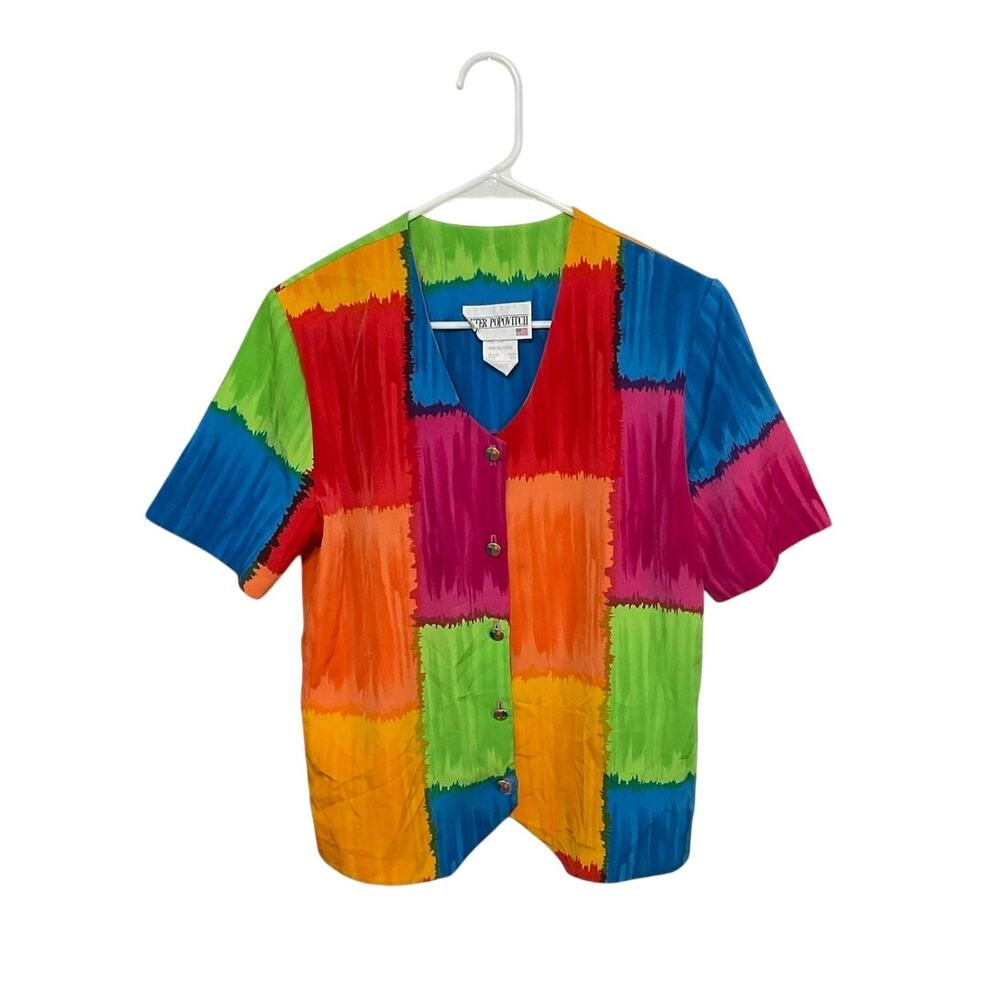 VTG 80s Peter Popovitch Button Front Top Womens Small Colorblock Artsy Abstract